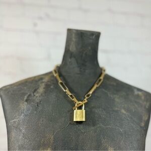 LOUIS VUITTON Brass Pad Lock as a pendant on a FOSSIL brass toggle necklace EUC